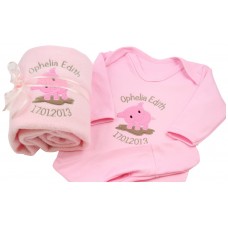 Baby Girl Personalised Embroidered Gift Set Blanket & Sleepsuit Cute Piglet
